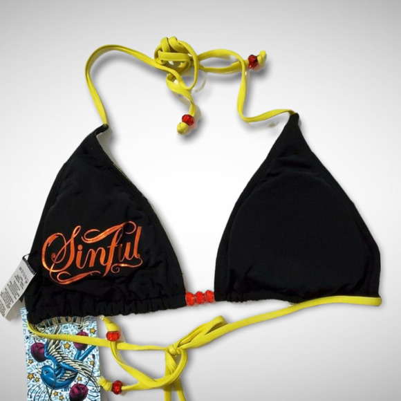 Sinful by Affliction Reversible String Bikini Top Medium Black & Yellow Swimsuit - Picture 4 of 5